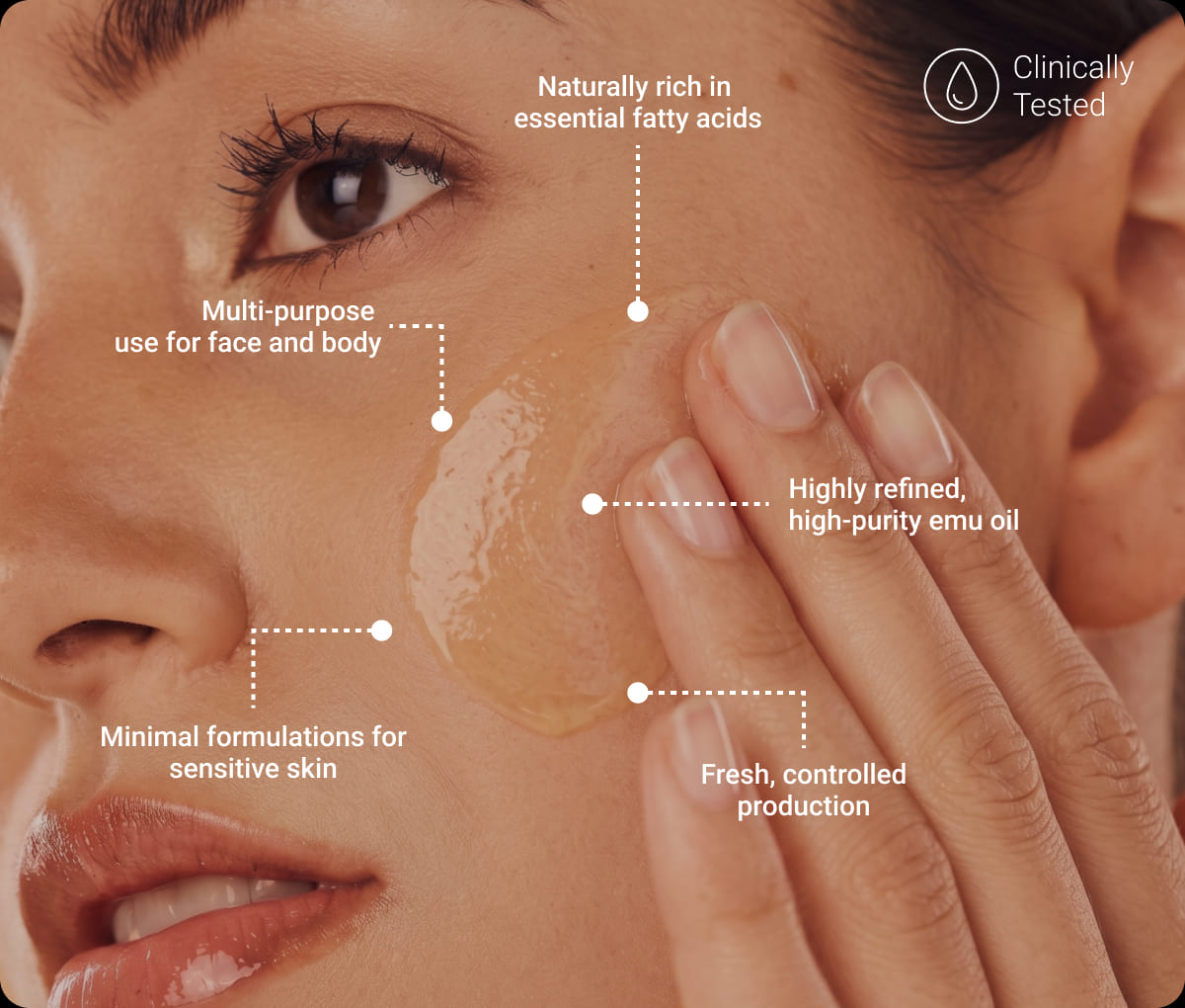 Woman applying emu oil to her cheek, labelled: naturally rich in essential fatty acids, highly refined and high-purity, multi-purpose for face and body, minimal formulations for sensitive skin, fresh controlled production, clinically tested