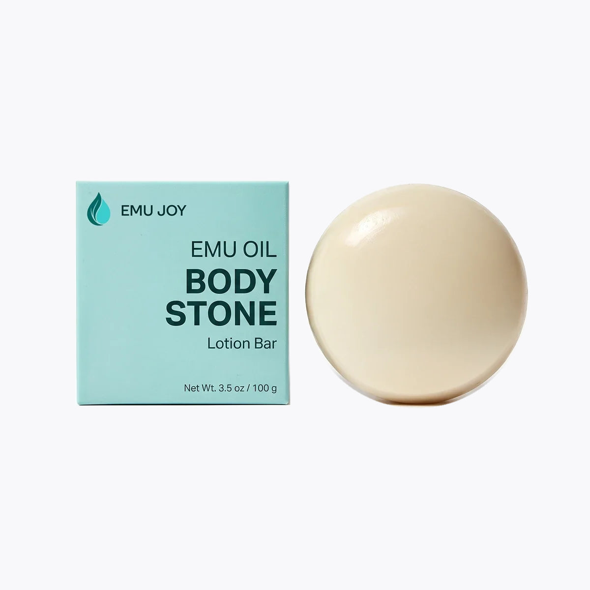 The Emu Joy Emu Oil Body Stone lotion bar standing beside its mint green box, net wt. 3.5 oz