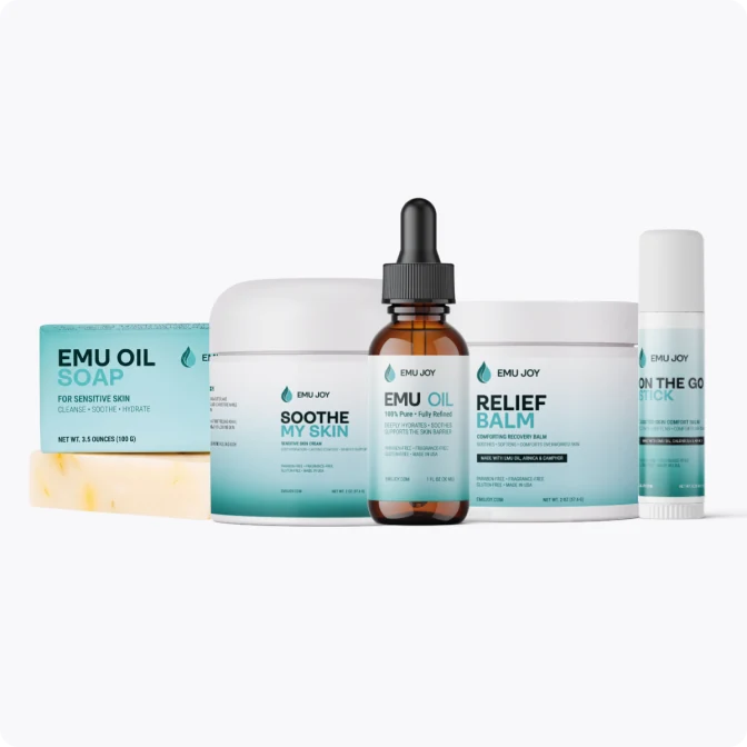 Soothe My Lichen Sclerosus Kit lineup: Emu Oil Soap, Soothe My Skin cream, Pure Emu Oil, Relief Balm and On The Go Stick